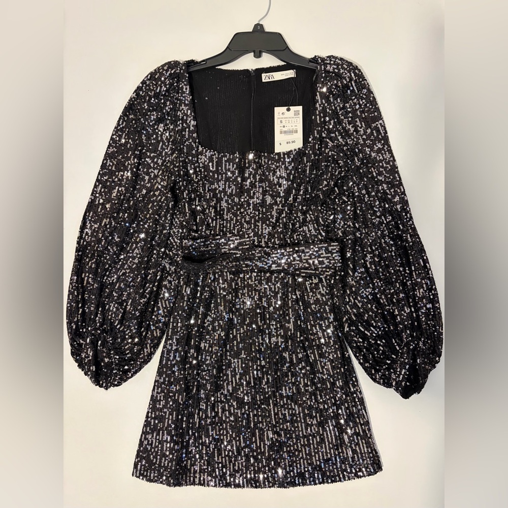 Zara Sparkling Black Mini Dress Sequins Puff Sleeves Small S